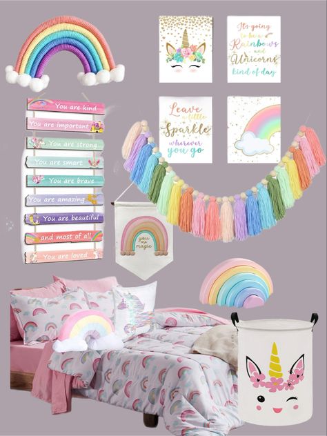 Rainbow unicorn bedroom girls decor Rainbow Theme Room Bedrooms, Rainbow Unicorn Bedroom Ideas, Girls Unicorn Bedroom Ideas, Unicorn And Rainbow Bedroom, Rainbow Unicorn Bedroom, Rainbow Unicorn Room, Girls Unicorn Bedroom, Rainbow Rooms, Unicorn Themed Room