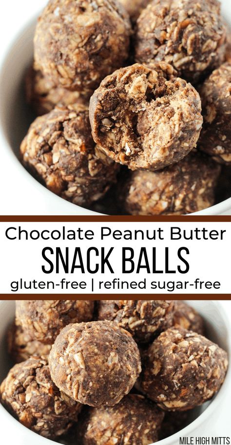 Chocolate Peanut Butter Snack Balls (gluten-free, refined sugar-free) - Mile High Mitts Snack To Make, Snack Sani, Snack Balls, Sugar Free Snacks, Peanut Butter Snacks, Energy Bites Recipes, Healthy Protein Snacks, Energy Ball Recipe, Protein Bites