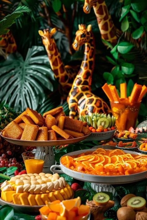 Safari Food Ideas: Tasty Snacks for Your Adventure Giraffe Themed Food, Jungle Themed Charcuterie Board, Giraffe Food Ideas, Jungle Food Ideas Safari Theme, Jungle Themed Food For Party, Jungle Food Ideas, Safari Charcuterie Board, Safari Food Ideas, Wild One Party Food