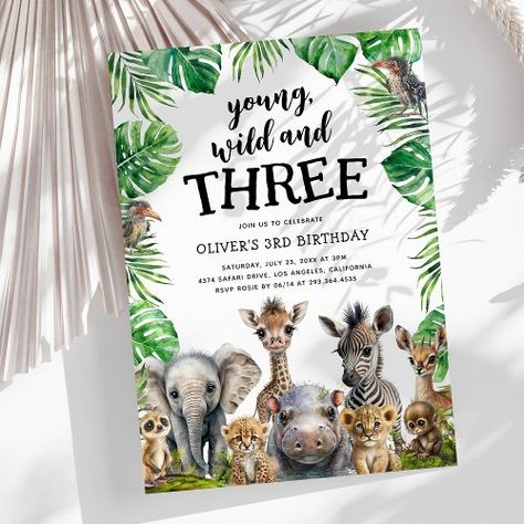 $1.90 | Young Wild & Three Safari 3rd Birthday Party #young wild and three, 3rd birthday invitations, jungle birthday, safari birthday, kids birthday invitations, zoo, zebra lion giraffe hippo monkey, cute, tropical leaves rainforest foliage, animals Safari 3rd Birthday Party, Kids Safari Party, Third Birthday Theme, Safari Kids Party, Summer Birthday Party Invitations, Party Animals Birthday, Animal Birthday Invitation, Jungle Birthday Party, 3rd Birthday Party