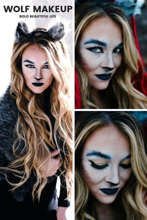 Halloween Makeup Inspiration! Halloween costume idea with makeup. Halloween makeup idea. How to do your makeup like a wolf for Halloween. Best easy costume for Halloween- no sew costume. Women's Halloween costume- women's Halloween look. Wolf Custome Halloween, Wolf Face Makeup, Easy Wolf Costume, Diy Werewolf Costume Women, Wolf Makeup Women, Animal Costumes Women Diy, She Wolf Costume, Druid Makeup, Wolf Costume Women