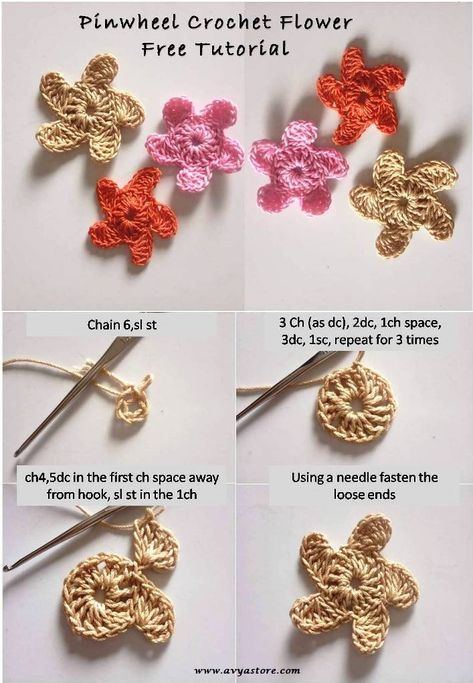 How to crochet a Pinwheel flower in 3 easy steps. #crochet #crochetflower #diy #knit #crochetpattern Crochet Flower Free Pattern, Pinwheel Crochet, How To Do Crochet, Pinwheel Flower, Crochet Tiny, Diy Knit, Flower Crochet, Crochet Free, Crochet Flower