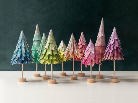 Crepe Paper Christmas Ornaments, Crepe Paper Christmas Decorations, Crepe Paper Christmas Tree, Paper Wreath Diy Christmas, Crepe Paper Christmas, Cozy Holiday Decor, Paper Trees, Fancy Christmas Ornaments, Clay Christmas Decorations