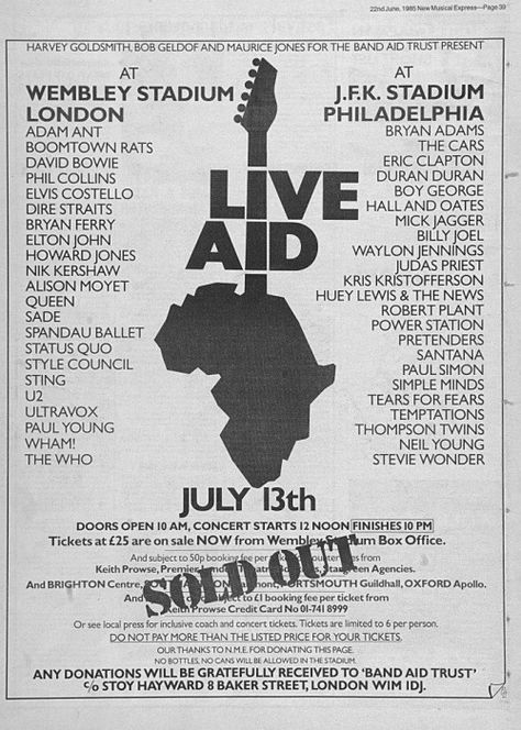 Music magazine advert for the UK and U.S Live Aid concerts in 1985. Muzică Rock, Live Aid, Queens Wallpaper, Freddy Mercury, Elvis Costello, Tears For Fears, Simple Minds, Phil Collins, Brian May