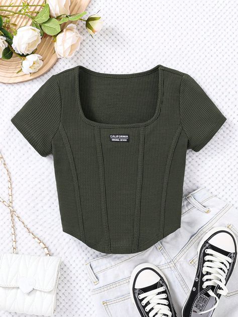 Army Green Casual Collar Short Sleeve Knitted Fabric Letter  Embellished Slight Stretch  Teen Girls Clothing Trendy Tops For Teenagers, Stylish Outfits For Teens, Cute Clothes For Teenagers, Clothes Teen Girl, Clothes For Teenagers, Teen Tops