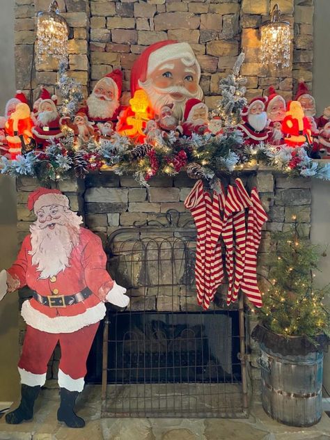 Fireplace Mantel For Christmas “2021” - The Shabby Tree Nostalgic Christmas Mantle, Santa Mantel Ideas, Santa Mantle Decor, Vintage Christmas Mantels Ideas, Retro Christmas Mantle, Vintage Christmas Mantle Decor, Christmas Mantal, Vintage Christmas Mantle, Vintage Christmas Fireplace