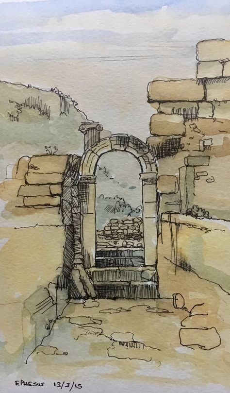 Greek Buildings Drawing, Greece Drawing, Old Ruins, Watercolor Practice, Alevel Art, Temple Drawing, Ancient Drawings, City Sketch, Building Sketch