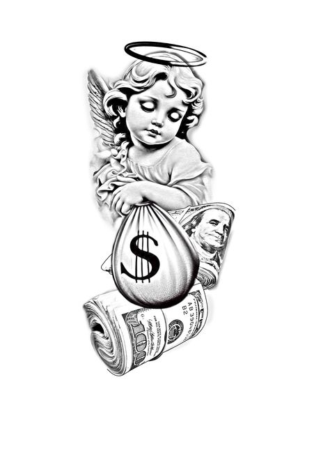 Angel Holding Money Bag Tattoo, Angel With Money Bag Tattoo, Money Sign Tattoo, Farsi Tattoo, Eagle Wing Tattoos, Money Bag Tattoo, Alas Tattoo, Tattoo Angel, Arm Tats