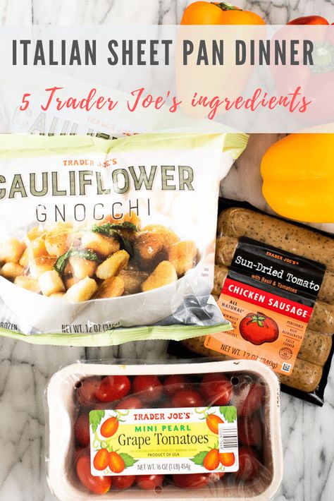 Roasted Italian Trader Joe's cauliflower gnocchi sheet pan recipe is an easy and healthy dinner. Just 5 ingredients (sausage included!) and my tip for crispy baked cauliflower gnocchi. Italian Sheet Pan, Gnocchi Sheet Pan, Sheet Pan Cauliflower, Cauliflower Gnocchi Recipe, Trader Joes Recipes Healthy, Cauliflower Gnocchi, Gnocchi Recipe, Baked Gnocchi, Joe Recipe