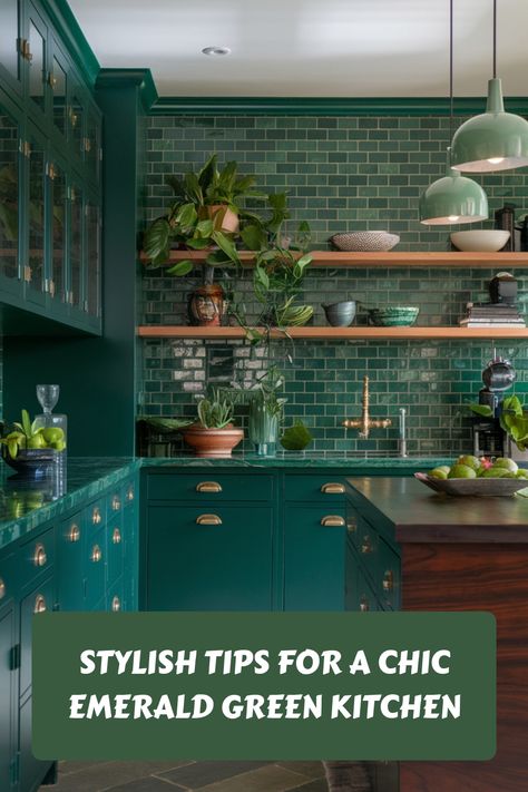 Emerald green kitchen with plants and elegant lighting. Kitchens With Dark Green Cabinets, Bright Moody Kitchen, Dark Green Lower Cabinets White Upper, All Green Kitchen, Dark Green Modern Kitchen, Dark Green Kitchen Cabinets Modern, Dark Sage Green Kitchen, Green Moody Kitchen, Dark Green Walls Kitchen