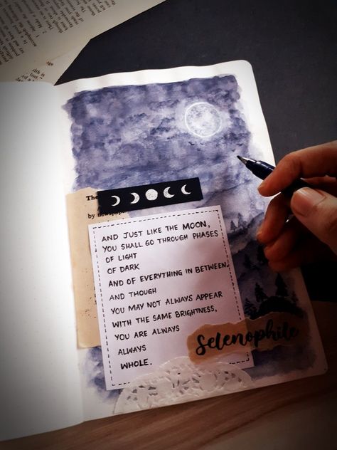 #moon #artjournaling #journal #selenophile #aesthetics #art #painting #watercolor #phases #artjournal Moon Journal Aesthetic, Moon Aesthetic Journal, Moon Scrapbook Pages, Selenophile Journal, Names For Journals, Moon Art Journal, Sketch Journal Aesthetic, Aesthetic Quotes For Journal, Asthetic Journalling