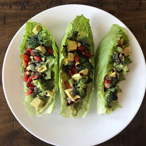 Easy Hummus Lettuce Boats Recipe - Simply Plant Based Kitchen Lettuce Boats Healthy, Hummus Lettuce Wraps, Lettuce Boat Recipes, Hummus Vegetable Wrap, Pf Chang’s Vegetarian Lettuce Wraps, Lettuce Boat, Lettuce Recipes, Easy Hummus, Raw Broccoli