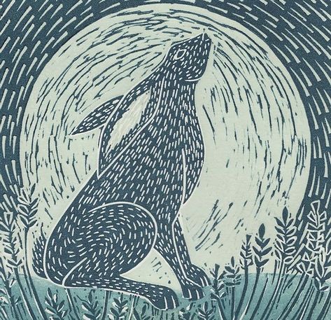 Lino Print Pattern, Lino Print Artists, Linoleum Printmaking, Frightened Rabbit, Moon Gazing Hare, Printmaking Projects, Moon Gazing, Moon Gazing Hares, Lino Cuts