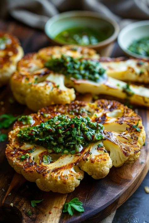 Grilled cauliflower steaks topped with green herb sauce on a wooden board. Cauliflower Steak Chimichurri, Cauliflower Steaks With Chimichurri, Chimichurri Vegetarian, Skirt Steak Sides Dishes, Cauliflower Chimichurri, Cauliflower Steak Recipes, Cauliflower Steaks Roasted, Chimichurri Cauliflower, Veggie Steak