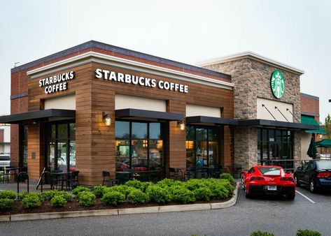 Starbucks Exterior Design, Starbucks Exterior, Cedar Lap Siding, Commercial Building Plans, Restaurant Exterior Design, Starbucks Design, Retail Facade, Commercial Design Exterior, Restaurant Exterior