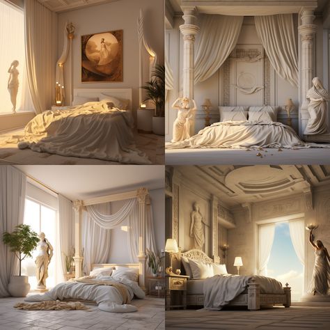 Greek Goddess Interior Design, Greek Style Room Bedrooms, Ancient Rome Bedroom, Rome Bedrooms, Ancient Greece Aesthetic Room, Greek Aesthetic Interior, Roman Themed Bedroom, Ancient Greek Style Bedroom, Ancient Greek Inspired Bedroom