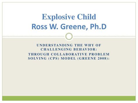 Explosive Child Ross W. Greene,  Ph.D.  Understanding the WHY of challenging behavior:  Through Collaborative  Problem Solving (CPS) model (Greene 2008):.  Three  Ways to manage the Explosive Child -   Use  Plan A, Plan B or Plan C.  2 ways to do Plan B. Collaborative Problem Solving, Ross Greene, Plan A Plan B, Demand Avoidance, Behavior Board, Child Plan, School Social Worker, Responsive Classroom, Behaviour Management