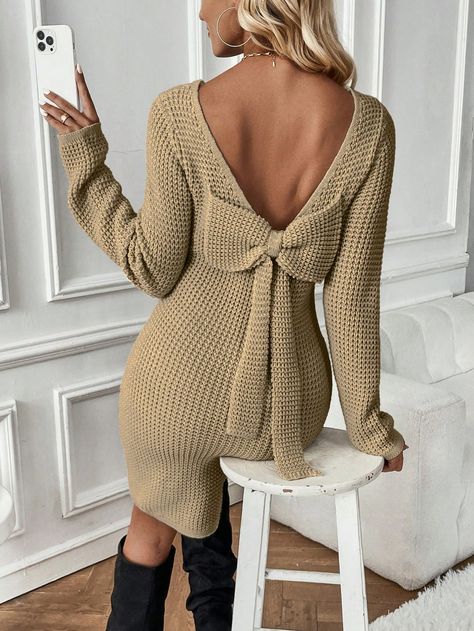 Khaki Sexy Collar Long Sleeve Fabric Plain  Embellished Slight Stretch  Women Clothing Backless Sweater Dress, Long Sleeve Backless Dress, Backless Sweater, Knitted Bodycon Dress, Sweater Dresses, Sweater Dress Women, Women Sweater, Clothing Size Chart, Womens Clothing Sizes