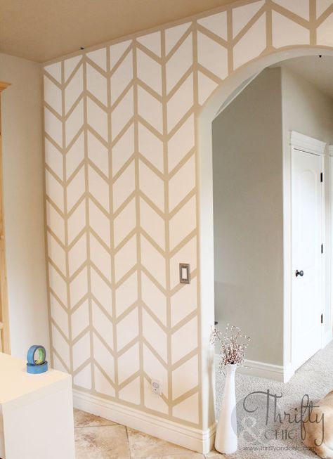 Painted Herringbone Accent Wall, Painters Tape Design, Herringbone Accent Wall, Installing Wainscoting, Accent Wall Paint, Wall Paint Designs, Interior Painting, Painting Bathroom, Living Room Paint