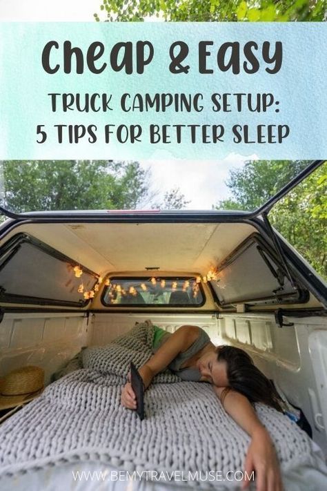 Here's a simple guide to truck camping setup, with 5 easy tips to ensure better sleep! With a real mattress, a weighted blanket, and a few other tips, you will be able to go truck camping and sleep comfortably. #TruckCamping Truck Bed Camping Ideas, Truck Camping Hacks, Camping Bed Ideas, Truck Bed Ideas, Truck Camping Setup, Truck Bed Sleeping, Car Camping Setup, Boondocking Tips, Truck Bed Mattress