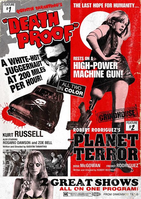 "Grindhouse" movie poster, 2007.  Directors Quentin Tarantino and Robert Rodriguez wrote & produced this homage to 1970s grindhouse movies. Planet Terror, Deco Cinema, Film Cult, Quentin Tarantino Movies, Tarantino Films, Horror Comedy, Horror Posters, Robert Rodriguez, Horror Movie Posters