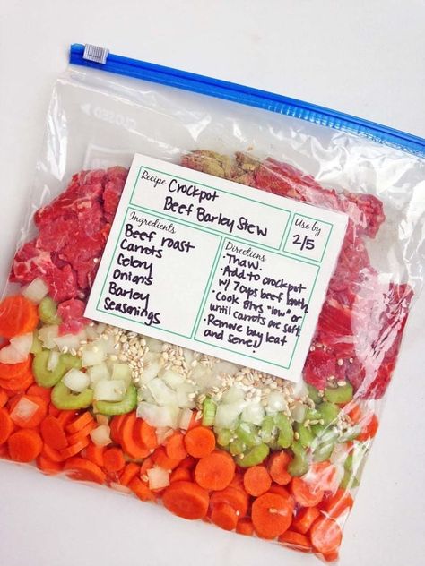 Freezer Crock-Pot Beef Stew - Live Simply Beef Barley Stew, Barley Stew, Beef Crockpot, Best Freezer Meals, Freezer Dinners, Slow Cooker Freezer Meals, Freezer Friendly Meals, Freezable Meals, Freezer Meal Planning