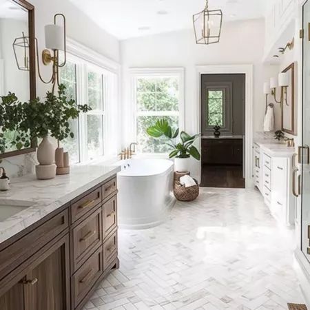 Get inspired with this dreamy master bathroom design featuring a double wood vanity with vessel sinks, intricate tile floors and shower, a luxurious soaking tub, and plenty of natural light bathroom decor // bathroom design // bathroom #bathroomtiles #bathroominspiration Natural Wood Double Vanity, Wood Double Vanity, Luxury Master Bath, Master Bath Tile, Master Bath Design, Mustard Flowers, California Living, Bath Tiles, Master Bath Remodel