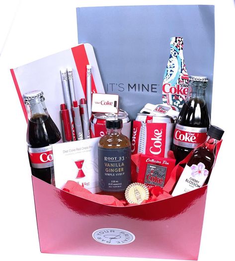 🥤”Taste the Feeling” of Diet Coke, and gift this basket for the soda lover in your life! We wanted to create this non-alcoholic, @dietcoke package to showcase that not all baskets need alcohol to be fun (though it helps). We added @root23simplesyrups’s Vanilla-Ginger, and @drinkyourflowers’ Cherry Blossom to add some flavor to their soda. Message us to order this basket, or email Cheers@YourPrivateBar.com now! Auction Basket, Auction Baskets, Diet Coke, Non Alcoholic, Cherry Blossom, Ginger, Barware, Vanilla, Baskets