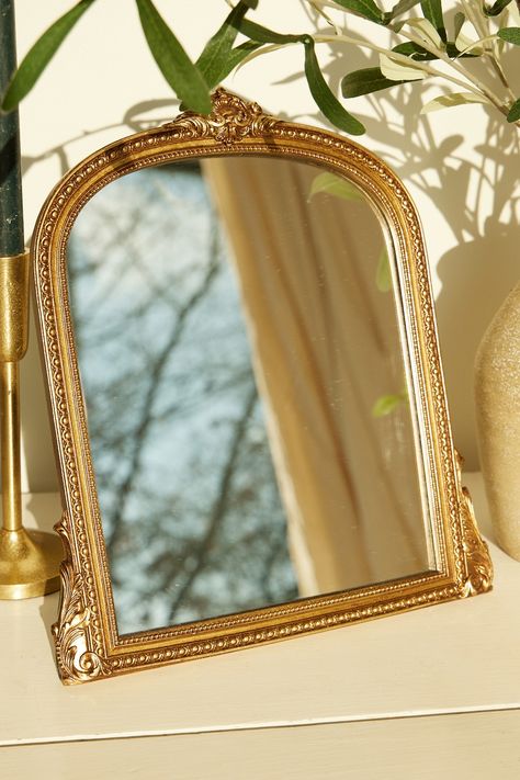 Gold Ornate Mirror | Altar'd State Gold Table Mirror, Gold Mirror Living Room, Art Deco Bedroom Decor, Picture Frame Easel, Wall Mirror Decor Living Room, Gold Ornate Mirror, Christmas Mirror, Mantle Ideas, Glass Picture Frames