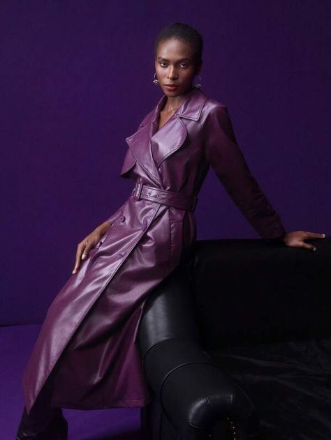 Leather Overcoat, Purple Trench Coat, Purple Outfit, Leather Trench, Leather Trench Coat, Purple Leather, Beaded Bags, Purple Fashion, Summer 2024