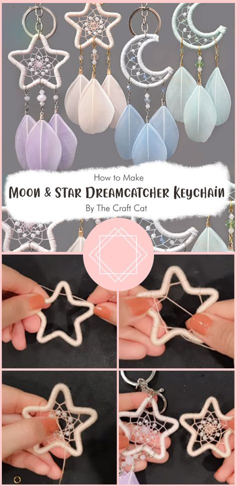 If you’re someone who believes in the magic of dreams and loves to accessorize, then the Moon and Star Dreamcatcher Keychain by The Craft Cat is the perfect addition to your collection. This enchanting keychain not only keeps your keys organized but also serves as a beautiful reminder to embrace your dreams every day. So choose your favorite and make it now! Moon Catcher Diy, Diy Keyring Ideas, Dream Catcher Diy Easy How To Make, Dreamcatcher Diy Tutorial, Diy Keychains To Sell, Diy Keychain Ideas Easy, Diy Macrame Dreamcatcher, Easy Dream Catcher, Dreamcatcher Patterns