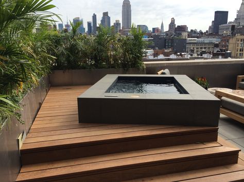 Rooftop Hot Tub | Outdoor Spa | Mill Bergen Pools Jacuzzi On Terrace, Roof Top Hot Tub, Roof Jacuzzi, Rooftop Jacuzzi, Roof Pool, Rooftop Patio Design, Hot Tub Deck, Rooftop Design, Rooftop Terrace Design