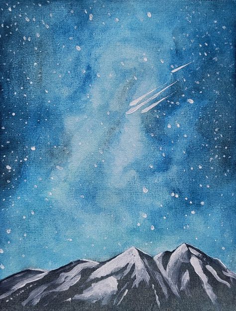 Shooting Stars Drawing, Shooting Star Painting, Shooting Star Drawing, Final Project Ideas, Shooting Star Tattoo, Drawings To Try, Drawing Stars, Starry Night Painting, Mountain Drawing