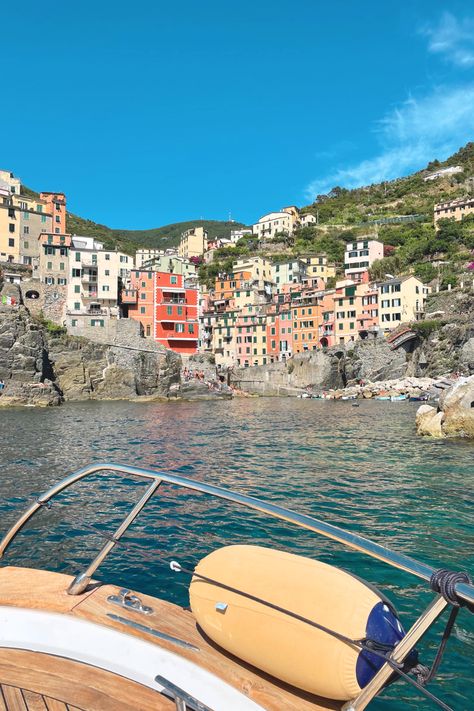 view from boat of the colorful buildings of Riomaggiore, Italy Mediterranean Summer, Private Boat, Italy Honeymoon, Cinque Terre Italy, Smiling Faces, The Setting Sun, Italy Summer, Senior Trip, Summer 3