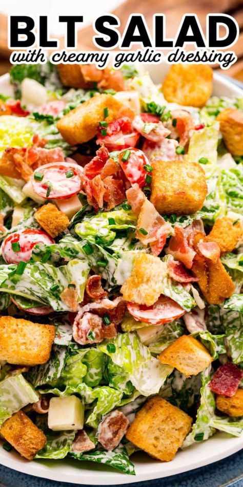 Most salads are not that exciting, this BLT Salad brings the delicious flavors of the classic sandwich to your new favorite salad! #BreadBoozeBacon #BLTsalad #salad #bacon #lettuce #tomato #sidedish #easylunch #dinnerrecipe #potluck #garlicdressing #SaladswithNutsandSeeds Bacon Arugula Salad, Make Ahead Salad Casserole 12 Tomatoes, Warm Bacon Spinach Salad, Brussel Sprout Candied Bacon Salad, Warm Couscous And Brussel Sprout Salad, Blt Salad, Bread Booze Bacon, Classic Sandwich, Nuts And Seeds