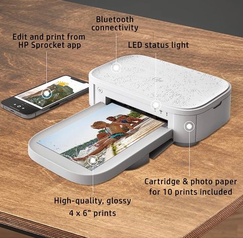 Get everything plus more with the HP Sprocket Studio Plus Printer. This all-in-one printer is the perfect device for printing all those amazing photos you have on your phone. Set up the printer in seconds, download the easy-to-use HP Sprocket app, and connect your smartphone to the printer via Wi-Fi. Now you are all set without a moment wasted. Take pictures, customize them in the photo-editing app, and see your beautiful, captured moments come to life as they are printed. The HP Sprocket Studio Hp Sprocket, Small Printer, Portable Photo Printer, Instant Photo, Portable Printer, Mini Printer, Waterproof Paper, Color Printer, Instant Photos