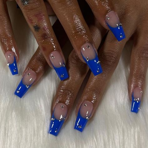 ♋︎ on Instagram: "French tip w gems always a classic ( ´ ▽ ` ).｡ｏ♡" Blue French Tip With Gems, Blue French Tip Nails With Gems, French Tip W Gems, Royal Blue French Tip Nails, French Tip With Gems, Blue French Tip Nails, Blue French Tip, Blue French Tips, Blue French