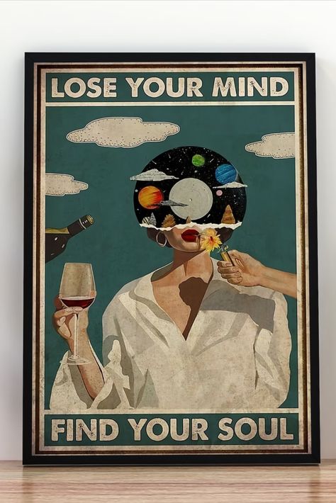 Music Vintage Poster, Lose Your Mind Find Your Soul Vintage Print, Girl With Wine, Gift For Girl, Wine Lovers Gift, Music Lovers Soul Poster, Find Your Soul, Girls Wall Decor, Modern Room Decor, Maximalist Wall Art, Mid Century Modern Wall Art, Lose Your Mind, Abstract Wall Decor, Wall Decor Pictures