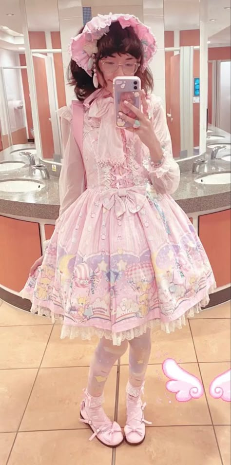 Credit: jewelryjellies Ott Sweet, Serba Pink, Fairy Kei Dress With Ruffles And Fitted Style, Fitted Fairy Kei Dress With Ruffles, Fairy Kei Pink Mini Dress, Fairy Kei Dress With Ruffles And Doll Collar, Baby The Stars Shine Bright, Lolita Outfits, Frilly Dresses