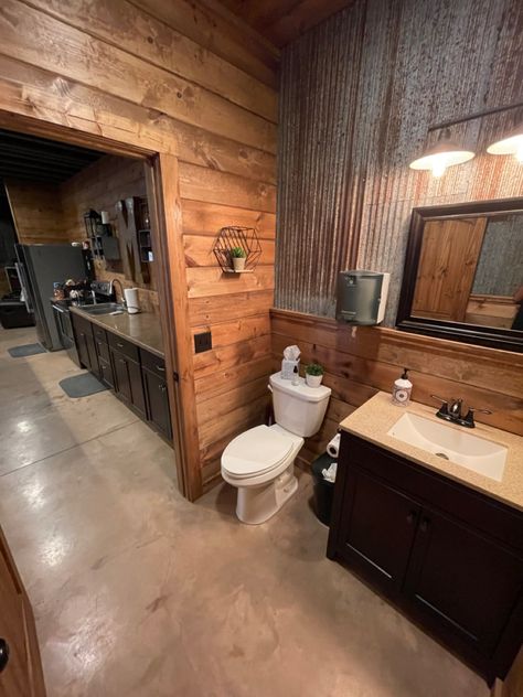 Garage Restroom Ideas, Basement Toilet Ideas, Guys Bathroom Ideas, Pole Barn Interior Ideas, Man Cave Bathroom Ideas, Pole Barn Man Cave, Mancave Bathroom, Barn Bathroom Ideas, Shop Bathroom Ideas