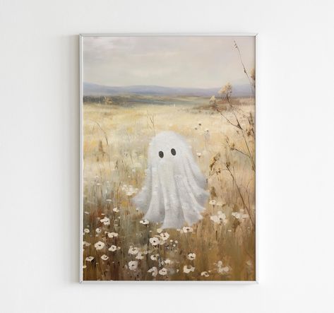 Cute Ghost on a Flower Meadow Vintage Painting Spooky Farmhouse Halloween Decor Ghost Halloween Printable Wall Art Cute Ghost Painting Decor Watercolour Ghost, Spooky Farmhouse, Cute Ghost Painting, Farmhouse Halloween Decor, Halloween Decor Ghost, Magical Halloween, Ghost Painting, Farmhouse Halloween, Flower Meadow