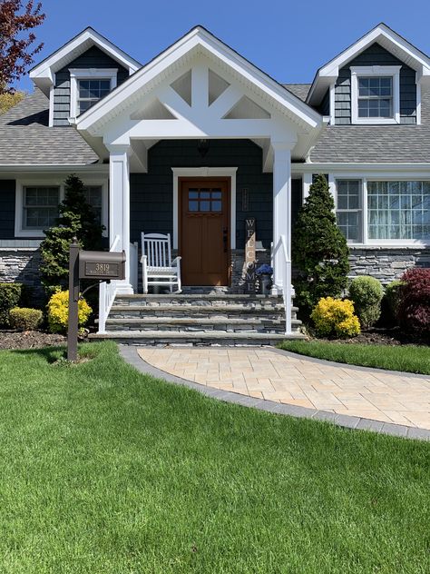 Cape Cod Covered Front Porch, Cape Cod Home With Front Porch, Cape Cod Front Porch Ideas, Adding Front Porch To Cape Cod House, Portico On Cape Cod House, Add Front Porch To Cape Cod House, Portico Design, Colonial House Exteriors, Cape Cod House