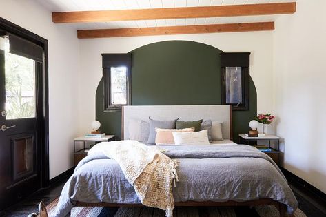 Arch Bedroom, Painted Arch, Stained Wood Beams, Janina Gavankar, Green Headboard, Tan Pillows, Color Palette Living Room, Living Room Photos, Wooden Headboard