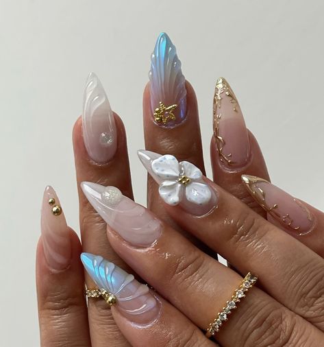 Gel X Nail Ideas Simple, Waterdrop Nails, Summer Gel X Nails, Blue And Gold Nails, Summer Nail Inspiration, Orchid Nails, Seashell Nails, Medium Almond, Easy Nails