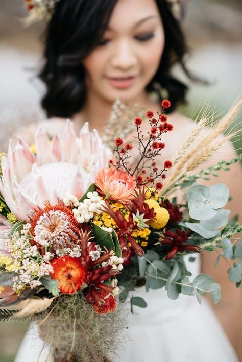 native Australian bouquet Protea Bouquet, Bush Wedding, Australian Flowers, Yosemite Wedding, Australian Native Flowers, Love Fest, Australia Wedding, Wedding 2025, Bouquet Of Flowers