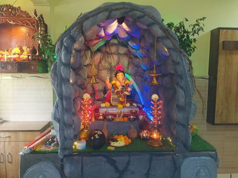 Eco friendly decoration Ganpati Decoration Cave Theme, Cave Ganpati Decoration, Gannu Bappa, Eco Friendly Ganpati Decoration, Chaturthi Decoration, Ganpati Decoration Theme, Ganpati Decor, Ganesh Chaturthi Decoration, Beats Wallpaper