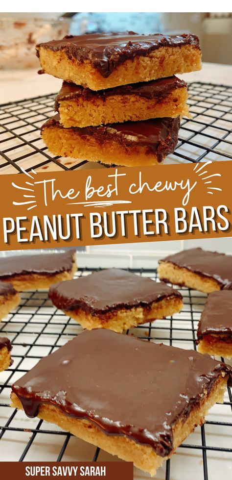 Peanut Butter Bars With Chocolate Frosting, Peanut Butter Cookies With Chocolate Frosting, Chewy Peanut Butter Bars, Peanut Butter Blondie, Peanut Butter Dessert, Peanut Butter Bars Recipe, Peanut Butter Cookie Bars, Peanut Butter Icing, Chocolate Chip Bars