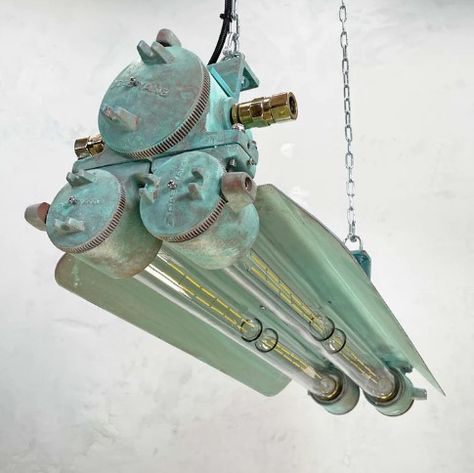 Excited to share the latest addition to my #etsy shop: Ship Salvage Vintage Explosion Proof Original Aluminum Verdigris Coated Industrial Twin Tube Light https://etsy.me/3TYQq3g #silver #bedroom #midcentury #glass #yes #clear #downrod #shipsalvage #hangingwalldecor Patio Wall Design, Outdoor Patio Wall, Industrial Farmhouse Lighting, Vintage Industrial Lighting, Cage Light, Industrial Ceiling Lights, Industrial Ceiling, Edison Lighting, Patio Wall