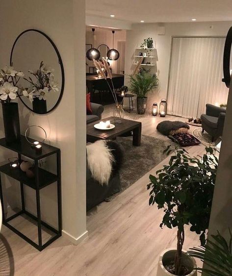 Black And Grey House Interior Design, First Flat Ideas, Edgy Living Room, First Home Aesthetic, Chic Living Room Decor, First Apartment Decorating, Apartment Living Room Design, Dream Apartment Decor, Future Apartment Decor