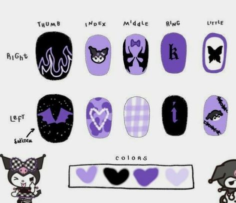 Easy Kuromi Nails, Cute Stickers Printable Kawaii Stamps, Kuromi Nail Art, Paper Nails, Cat Nail Designs, Hello Kitty Nails Art, Concert Nails, Pop Art Nails, Band Nails